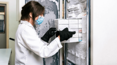 Cientista mulher guardando vacinas em laboratório
