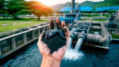 Mão segurando carvão em frente a estação de tratamento de água