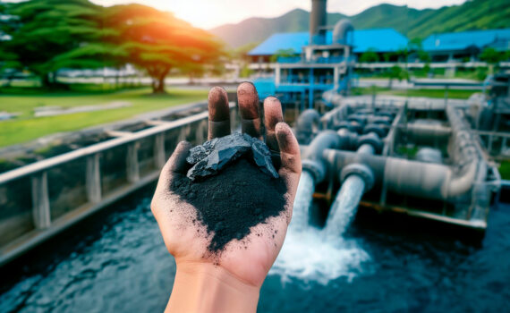 Mão segurando carvão em frente a estação de tratamento de água