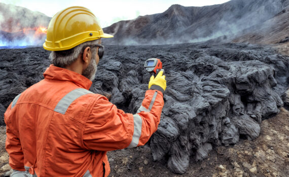 Vulcanista utilizando termômetro infravermelho para medição de magma resfriando.