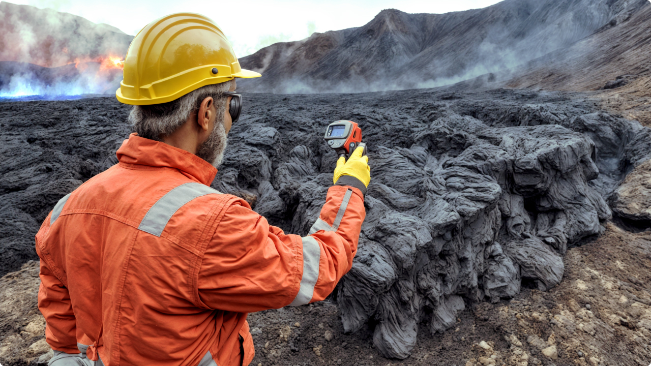 Vulcanista utilizando termômetro infravermelho para medição de magma resfriando.