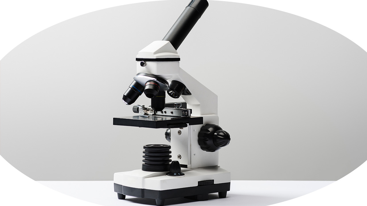 Analista utilizando um microscópio óptico para laboratório trinocular de alta precisão fornecido pela Sinergia Científica.