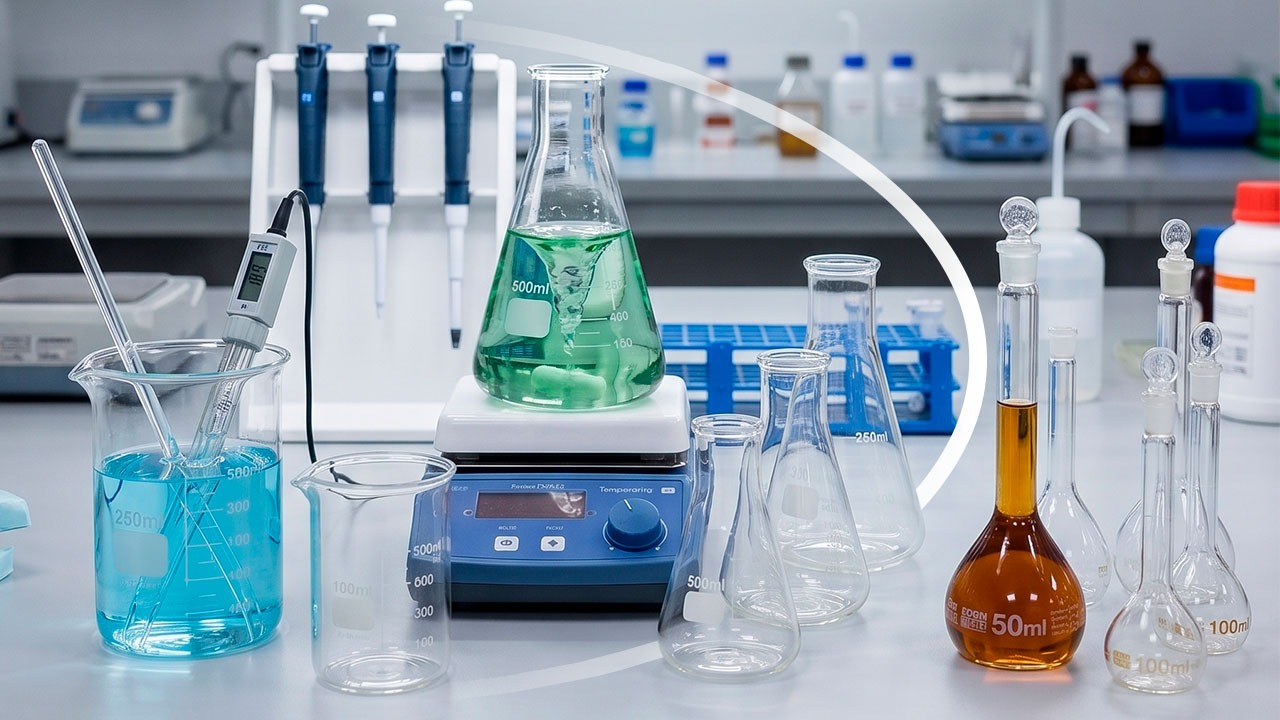 Bancada analítica equipada com vidrarias e equipamentos laboratoriais em São Paulo fornecidos pela Sinergia Científica.